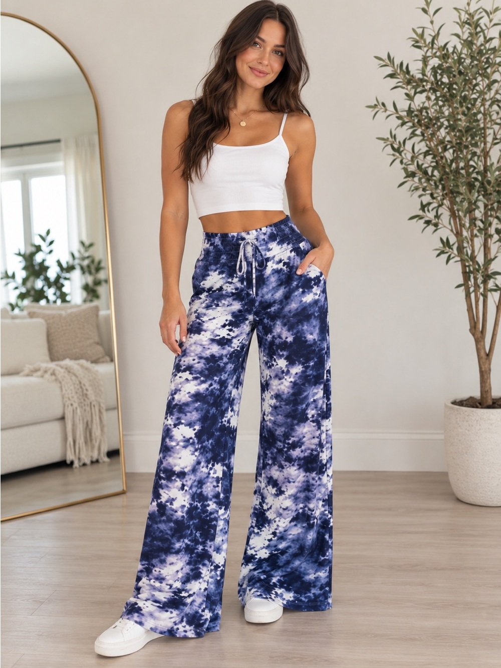 Peace & Pearls Blue Tie Dye Wide Leg Palazzo Pants Medium Boho Resort